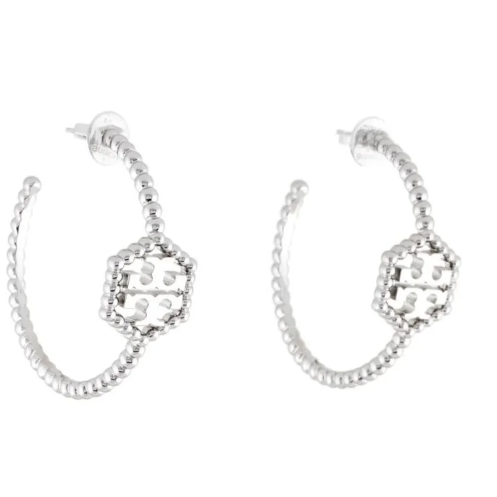 Tory Burch Silver Hexagon Logo Hoop Earrings - Picture 2 of 6